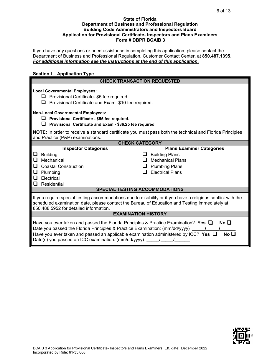 Form DBPR BCAIB3 Application for Provisional Certificate - Inspectors and Plans Examiners - Florida, Page 6
