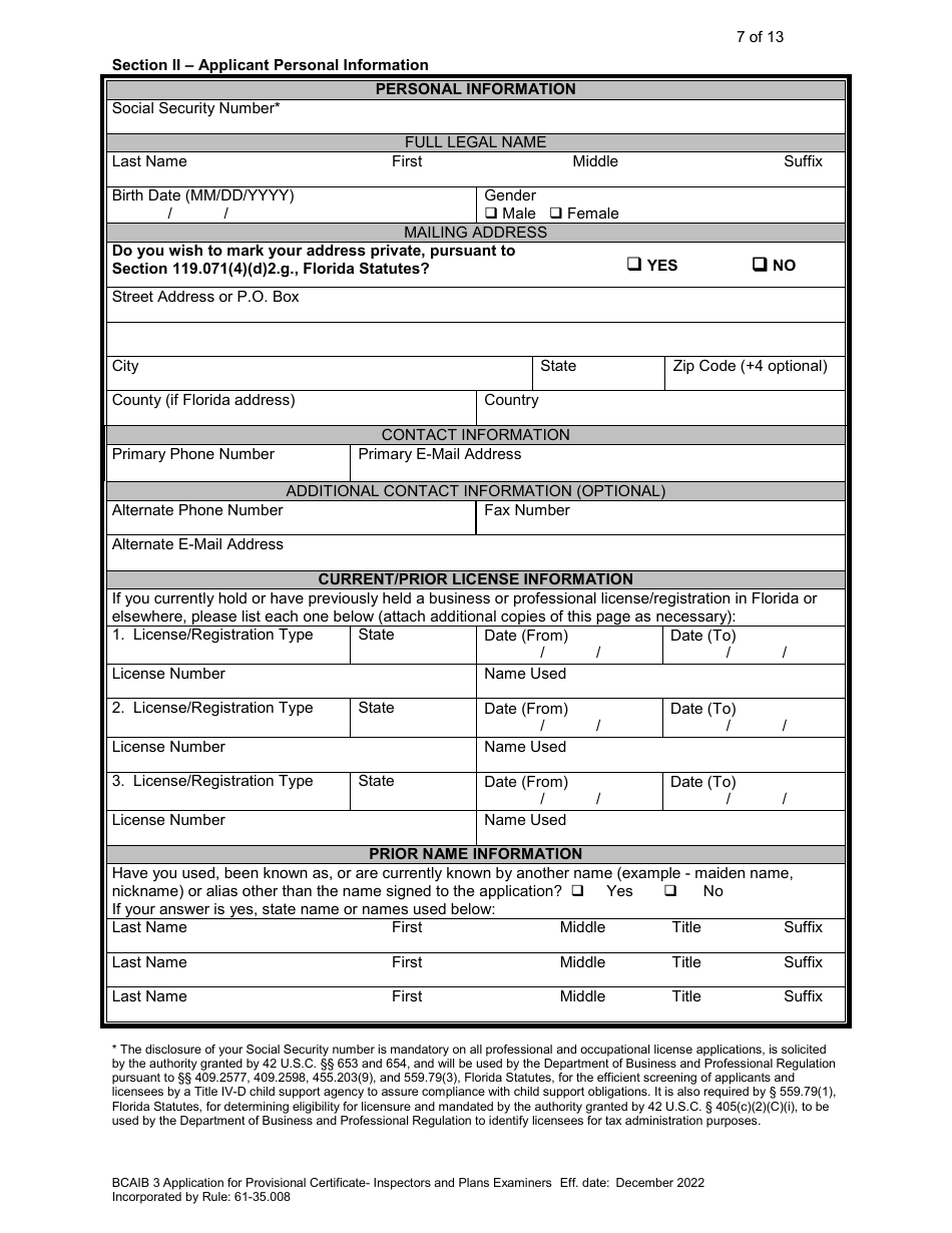 Form DBPR BCAIB3 Application for Provisional Certificate - Inspectors and Plans Examiners - Florida, Page 7