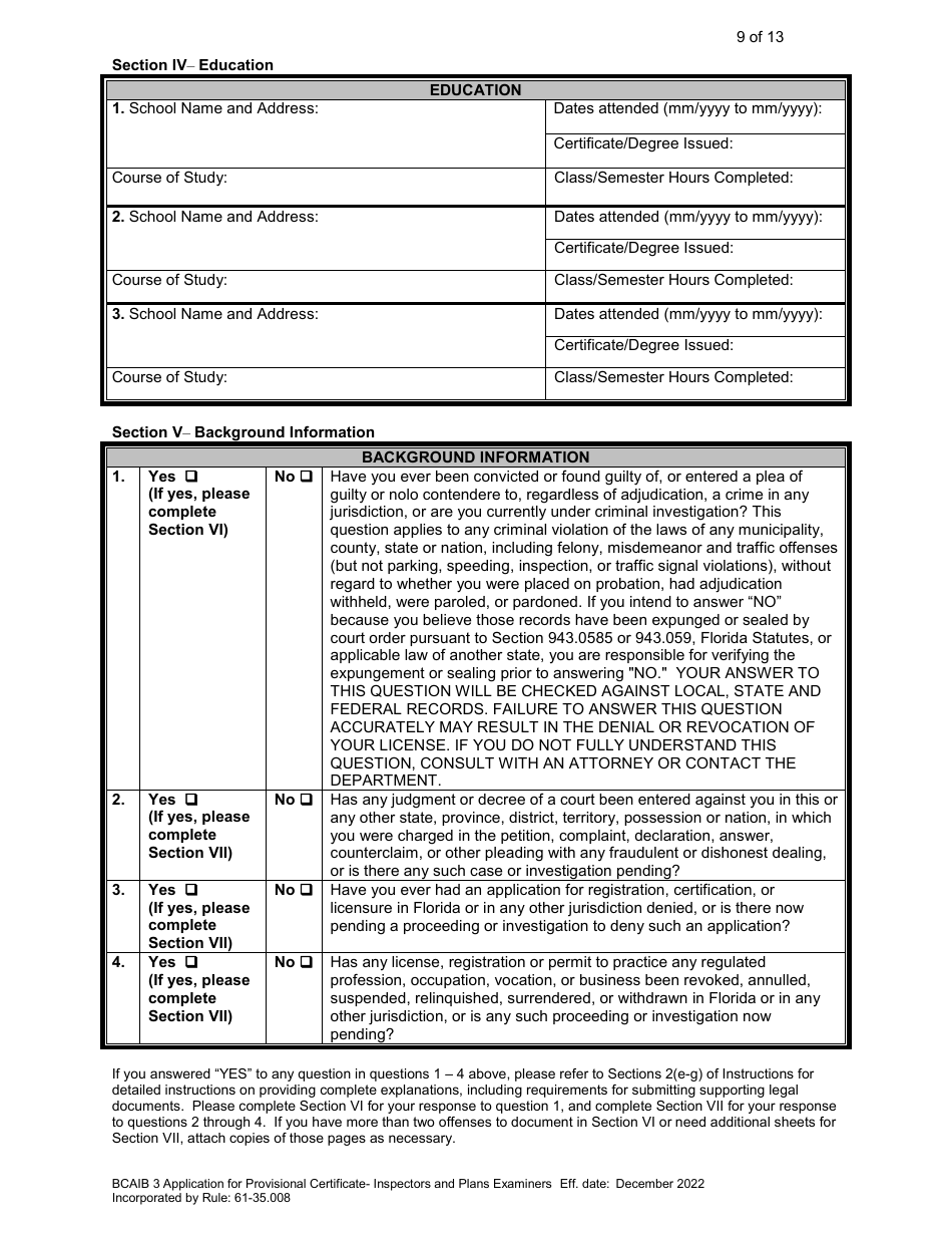 Form DBPR BCAIB3 Application for Provisional Certificate - Inspectors and Plans Examiners - Florida, Page 9