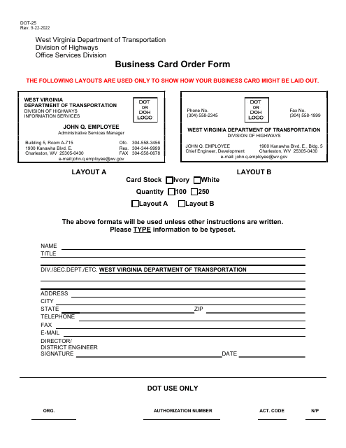 Form DOT-25 Business Card Order Form - West Virginia