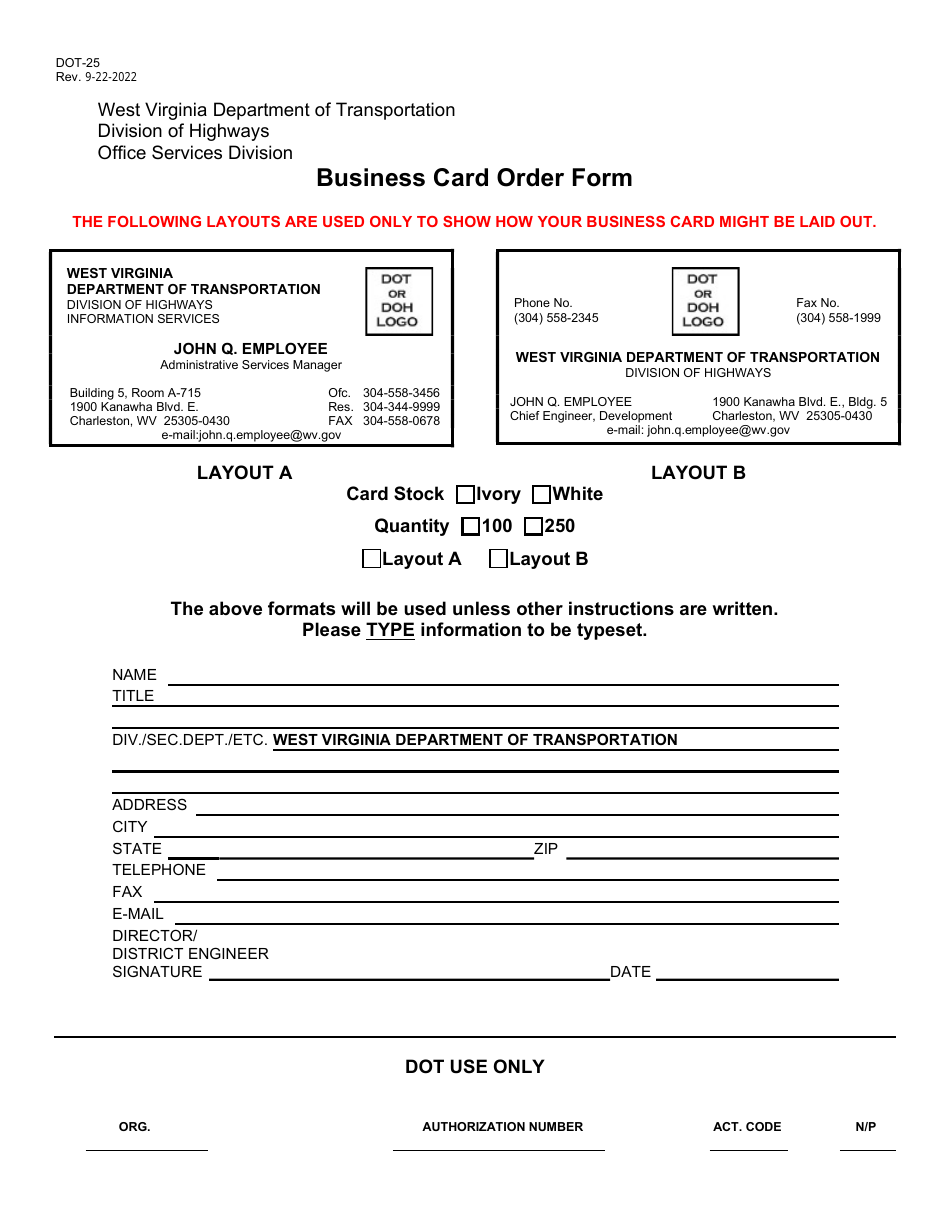 Form DOT-25 Business Card Order Form - West Virginia, Page 1