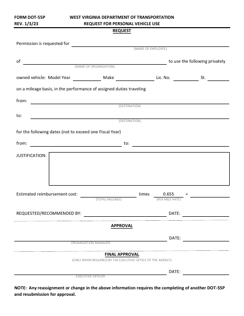 Form DOT-55P Request for Personal Vehicle Use - West Virginia