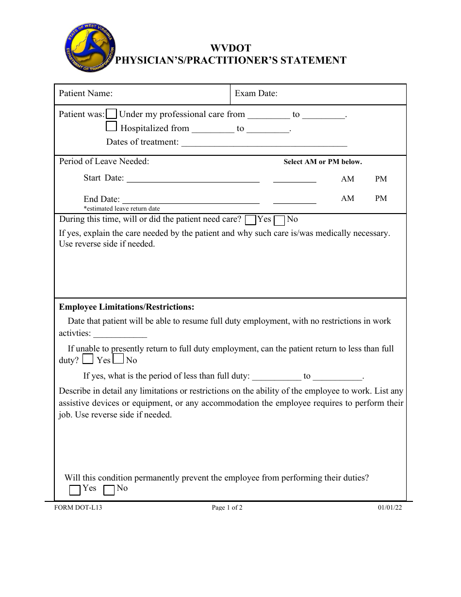 Form DOT-L13 Physicians / Practitioners Statement - West Virginia, Page 1