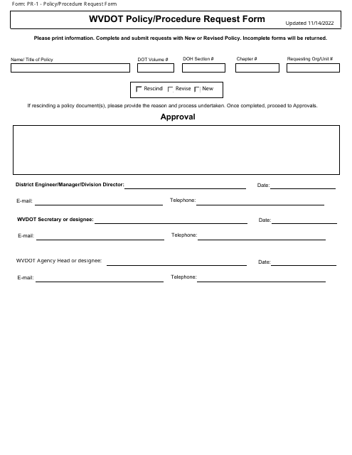 Form PR-1 Wvdot Policy/Procedure Request Form - West Virginia