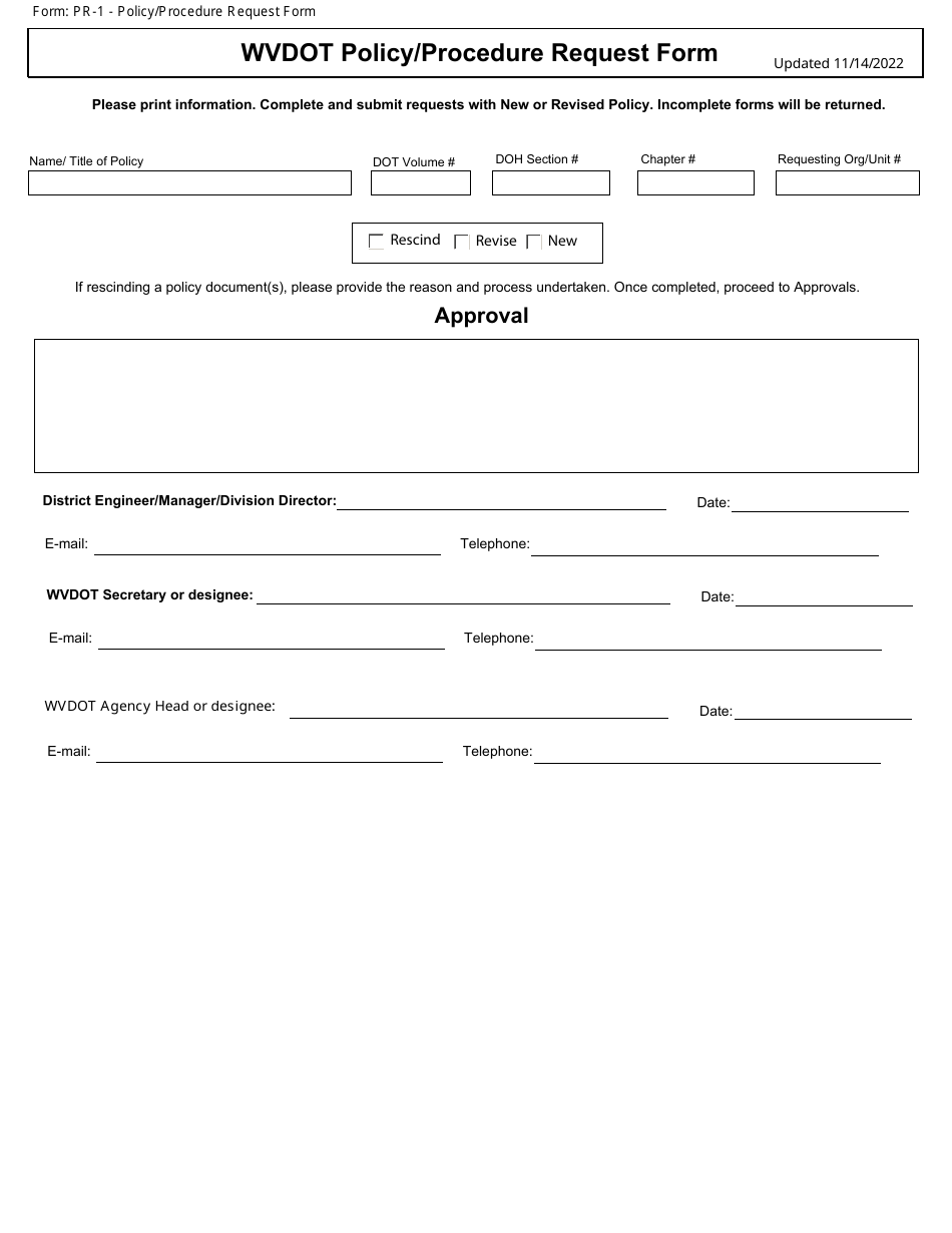 Form PR-1 Wvdot Policy / Procedure Request Form - West Virginia, Page 1