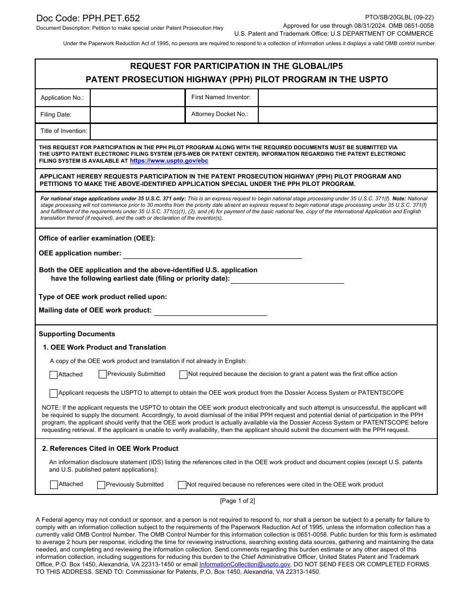 Form PTO / SB / 20GLBL Request for Participation in the Global / Ip5 Patent Prosecution Highway (Pph) Pilot Program in the Uspto, Page 1