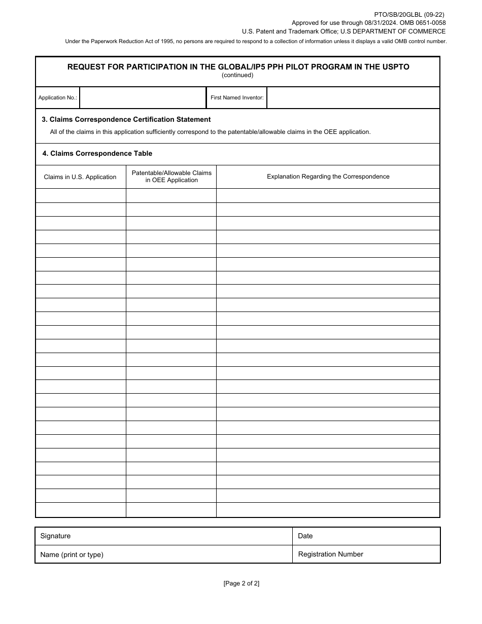 Form PTO / SB / 20GLBL Request for Participation in the Global / Ip5 Patent Prosecution Highway (Pph) Pilot Program in the Uspto, Page 2
