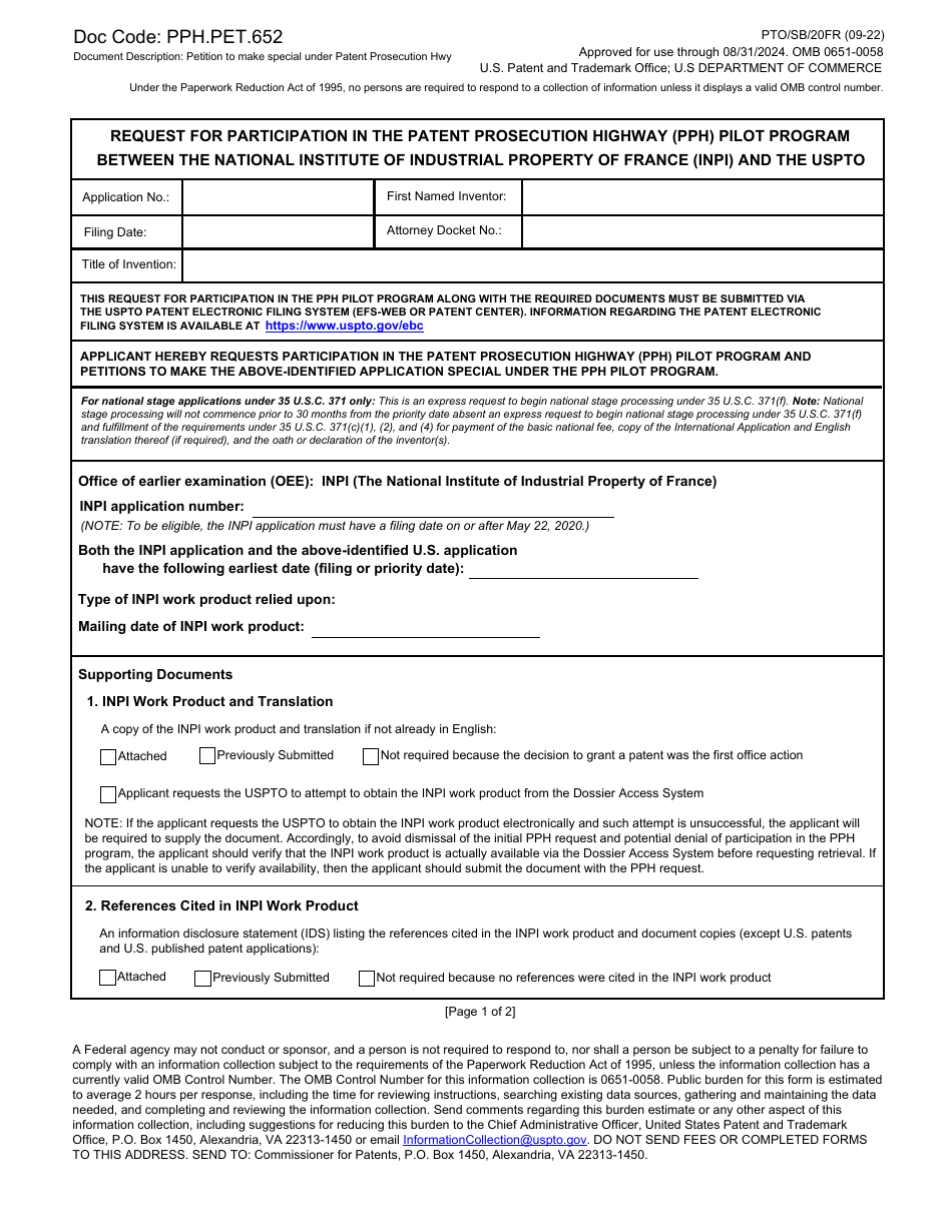 Form PTO / SB / 20FR Request for Participation in the Patent Prosecution Highway (Pph) Pilot Program Between the National Institute of Industrial Property of France (Inpi) and the Uspto, Page 1