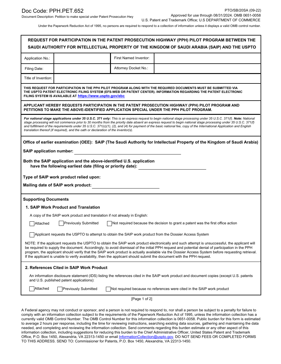 Form PTO / SB / 20SA Request for Participation in the Patent Prosecution Highway (Pph) Pilot Program Between the Saudi Authority for Intellectual Property of the Kingdom of Saudi Arabia (Saip) and the Uspto, Page 1