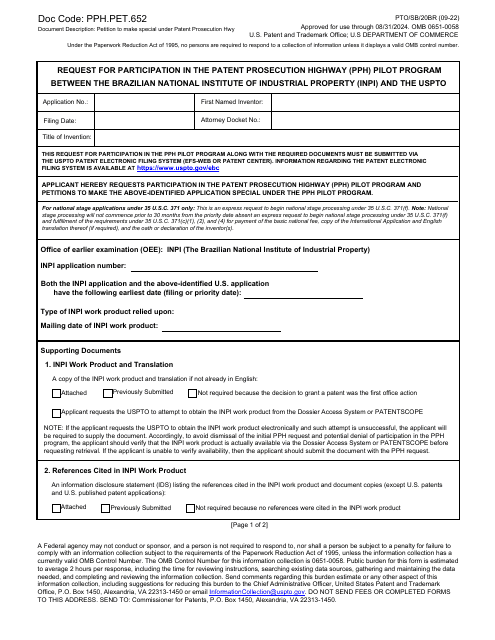 Form PTO/SB/20BR Request for Participation in the Patent Prosecution Highway (Pph) Pilot Program Between the Brazilian National Institute of Industrial Property (Inpi) and the Uspto