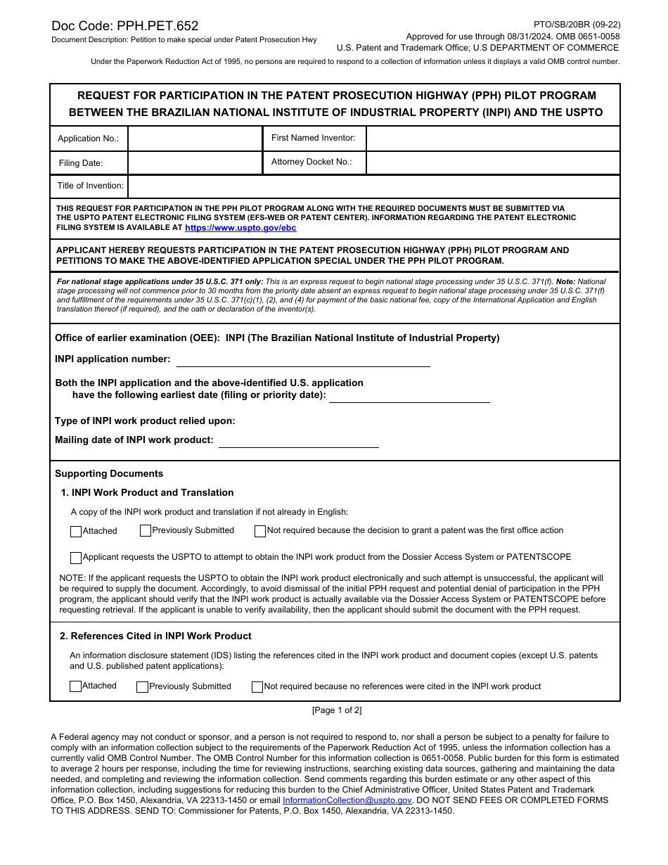 Form PTO / SB / 20BR Request for Participation in the Patent Prosecution Highway (Pph) Pilot Program Between the Brazilian National Institute of Industrial Property (Inpi) and the Uspto, Page 1