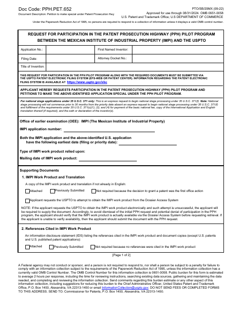 Form PTO/SB/20MX Request for Participation in the Patent Prosecution Highway (Pph) Pilot Program Between the Mexican Institute of Industrial Property (Impi) and the Uspto