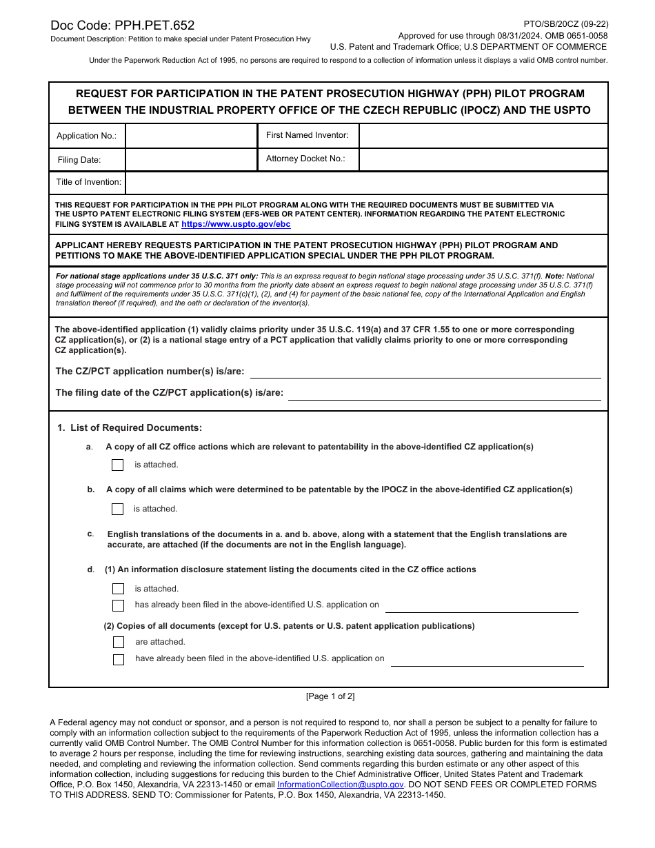 Form PTO/SB/20CZ - Fill Out, Sign Online And Download Fillable PDF ...