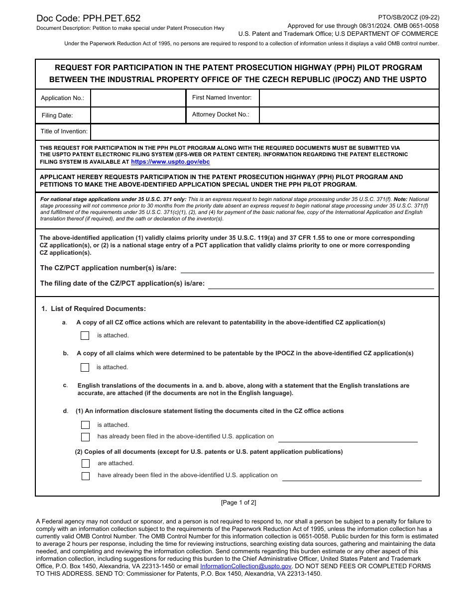 Form PTO / SB / 20CZ Request for Participation in the Patent Prosecution Highway (Pph) Pilot Program Between the Industrial Property Office of the Czech Republic (Ipocz) and the Uspto, Page 1