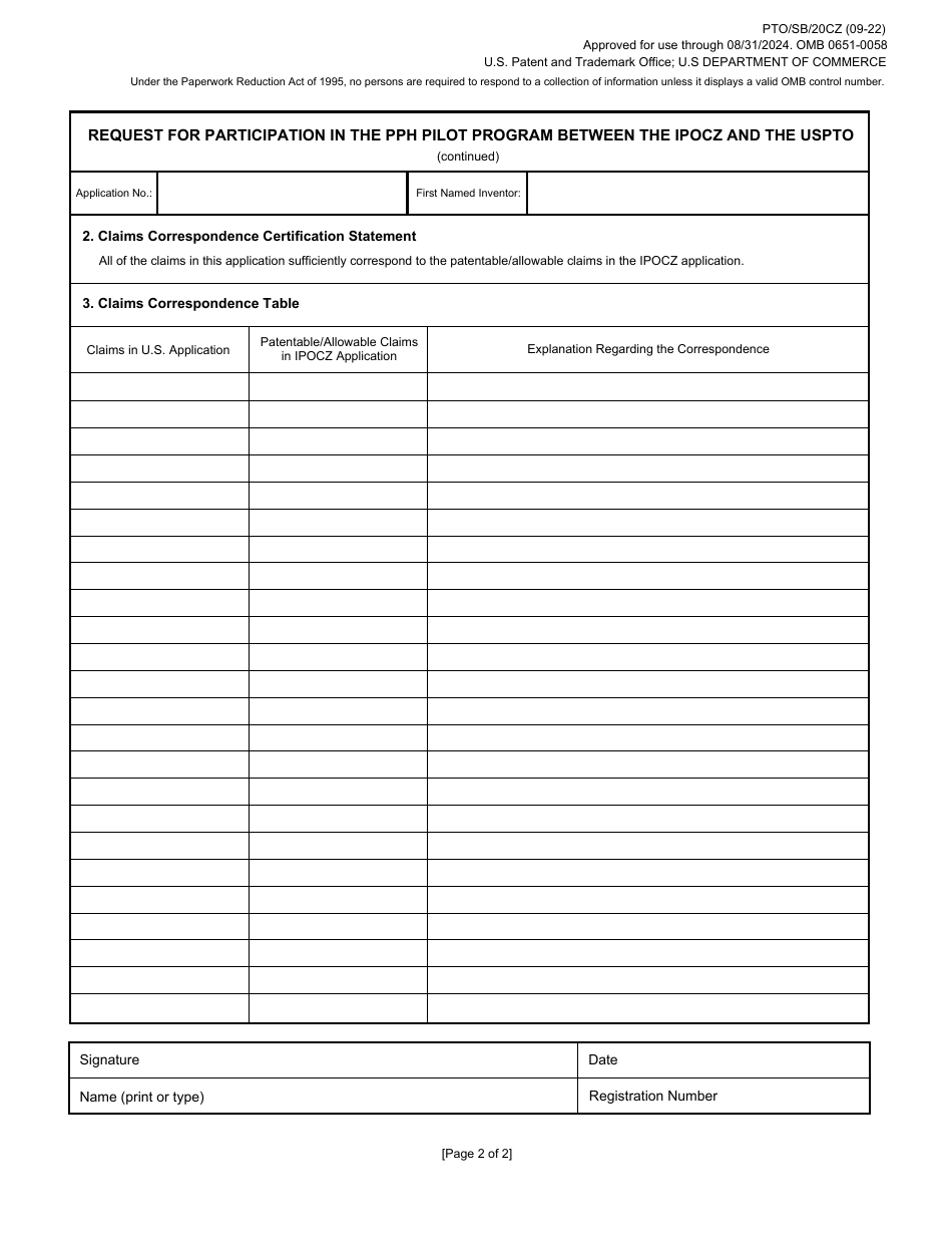 Form PTO / SB / 20CZ Request for Participation in the Patent Prosecution Highway (Pph) Pilot Program Between the Industrial Property Office of the Czech Republic (Ipocz) and the Uspto, Page 2