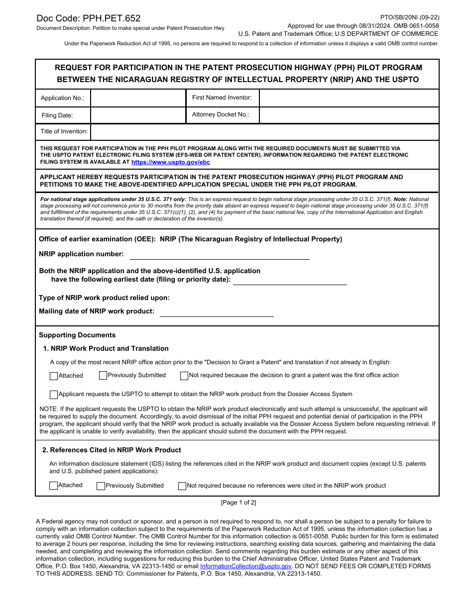 Form PTO / SB / 20NI Request for Participation in the Patent Prosecution Highway (Pph) Pilot Program Between the Nicaraguan Registry of Intellectual Property (Nrip) and the Uspto, Page 1