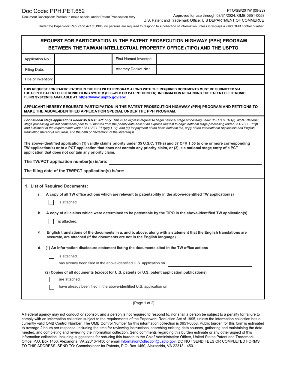Form PTO / SB / 20TW Request for Participation in the Patent Prosecution Highway (Pph) Program Between the Taiwan Intellectual Property Office (Tipo) and the Uspto, Page 1