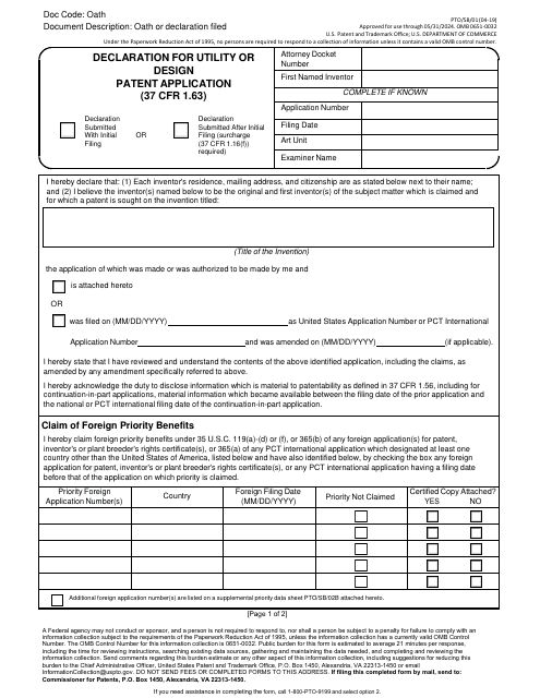 Form PTO/SB/01 Declaration for Utility or Design Patent Application (37 Cfr 1.63)