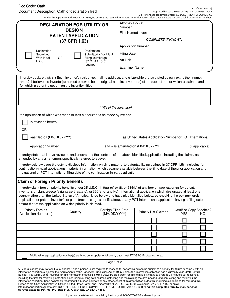 Form pto sb 01 fill out sign online and download fillable pdf