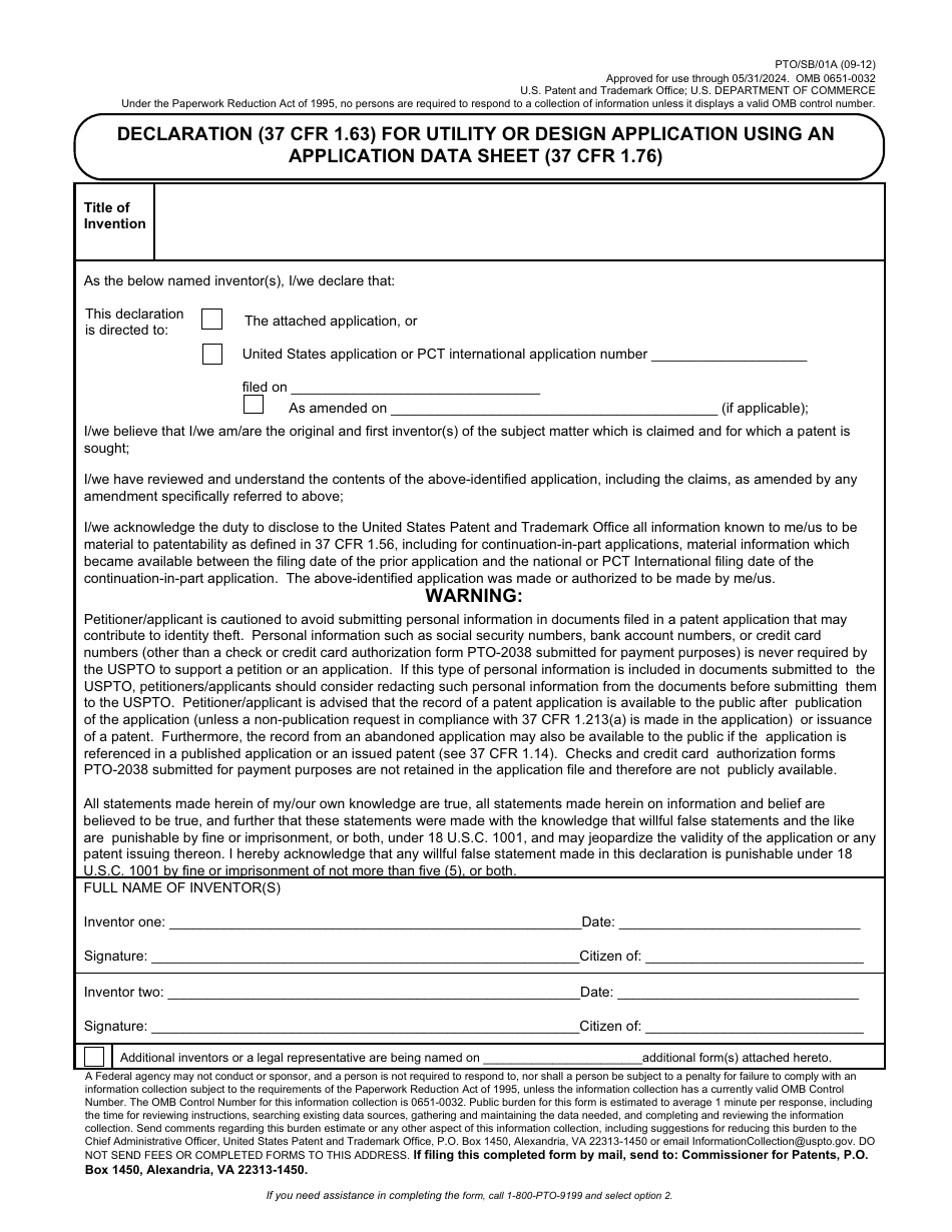 Form PTO / SB / 01A Declaration (37 Cfr 1.63) for Utility or Design Application Using an Application Data Sheet (37 Cfr 1.76), Page 1