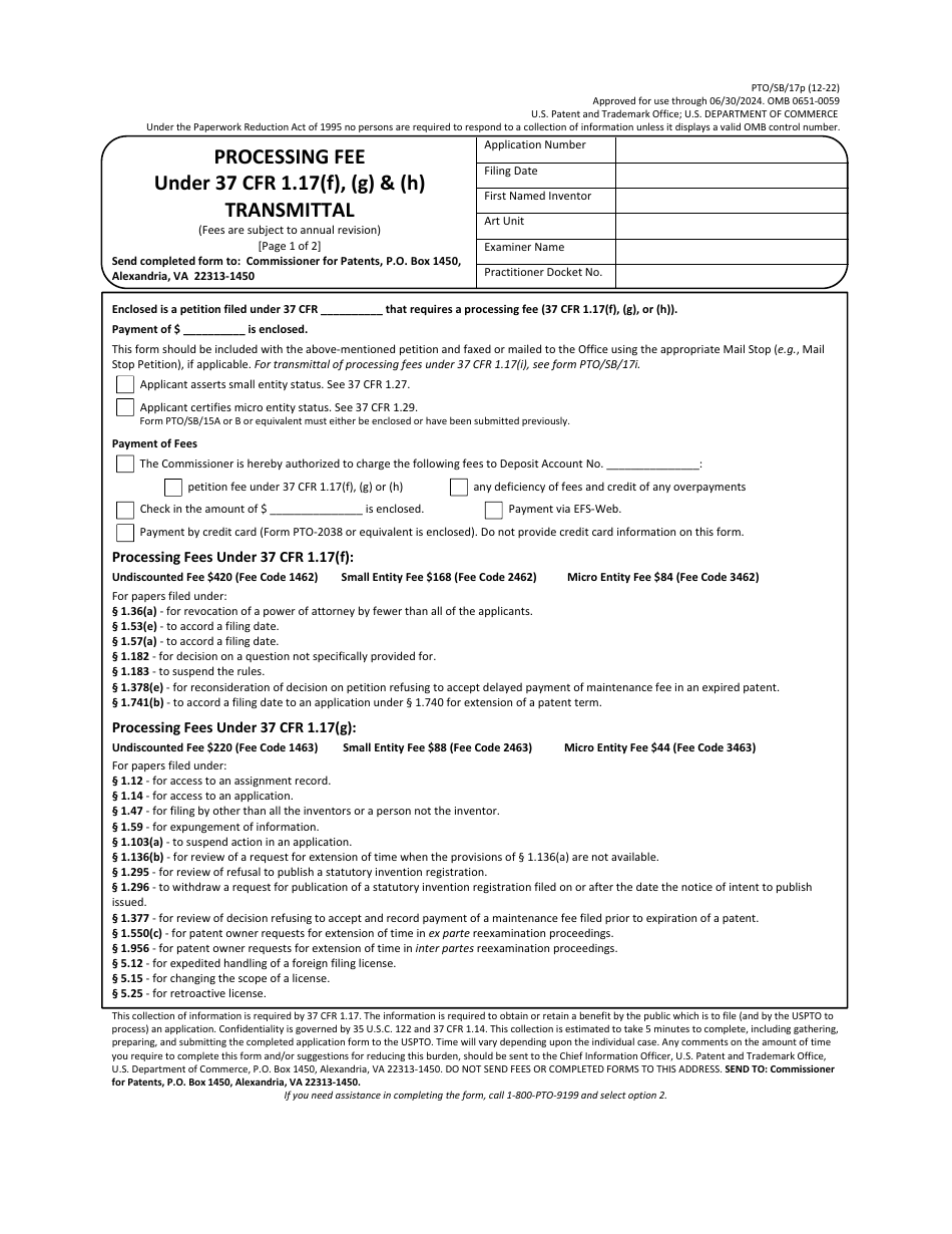 Form pto sb 17p download fillable pdf or fill online processing fee