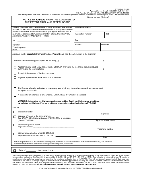 Form PTO/SB/31 Notice of Appeal From the Examiner to the Patent Trial and Appeal Board