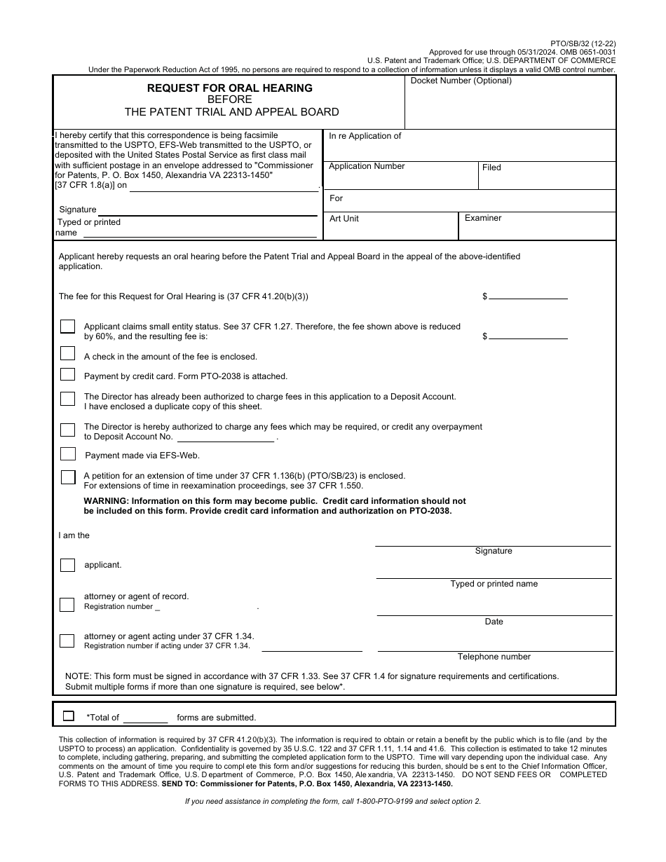 Form PTO/SB/32 Download Fillable PDF or Fill Online Request for Oral ...