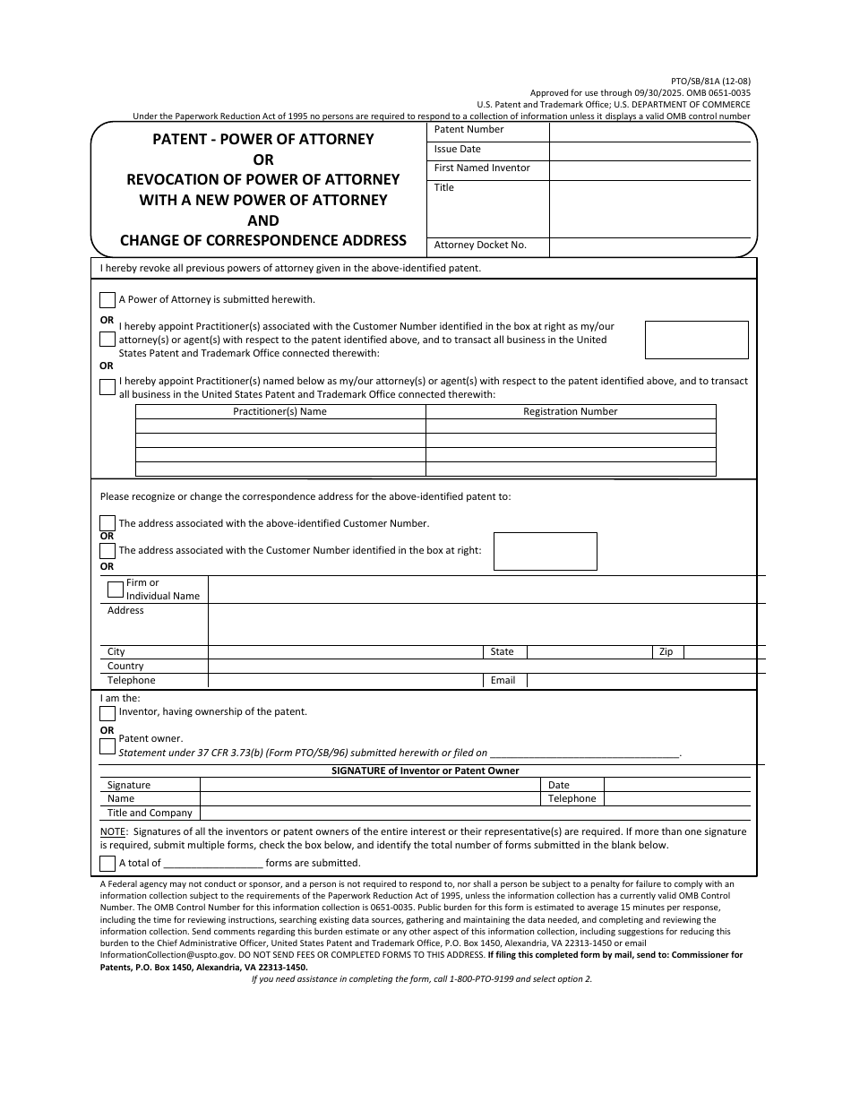 Form PTO / SB / 81A Patent - Power of Attorney or Revocation of Power of Attorney With a New Power of Attorney and Change of Correspondence Address, Page 1