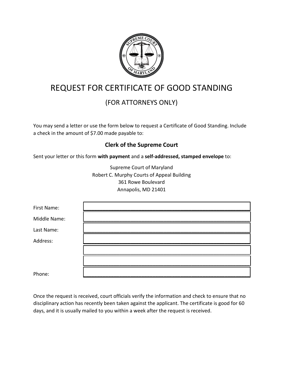 Request for Certificate of Good Standing - Maryland, Page 1