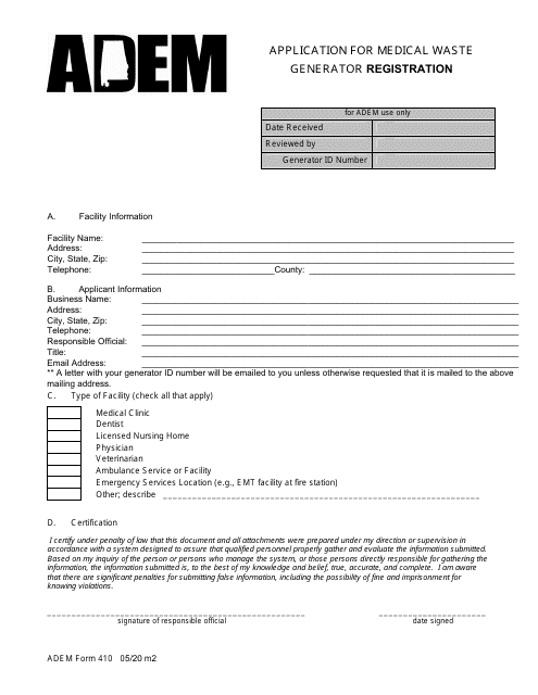 ADEM Form 410 Application for Medical Waste Generator Registration - Alabama