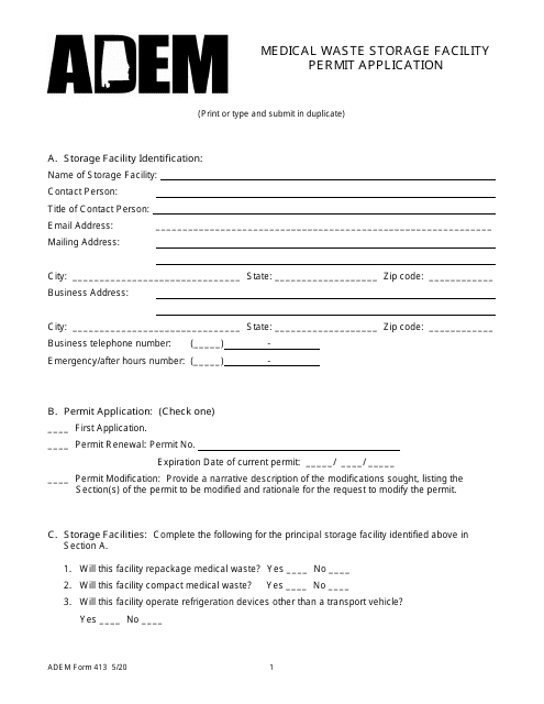 ADEM Form 413 Medical Waste Storage Facility Permit Application - Alabama