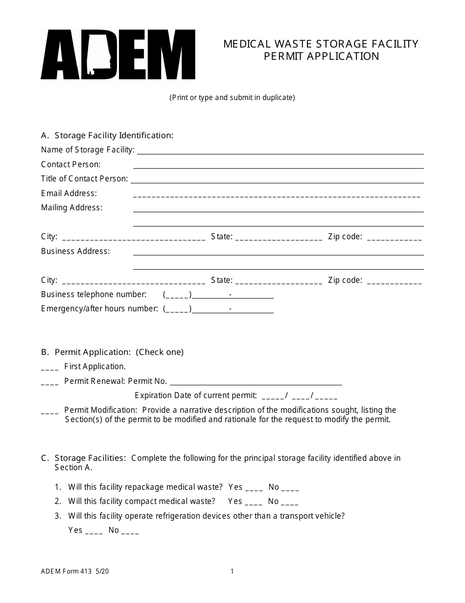 ADEM Form 413 Medical Waste Storage Facility Permit Application - Alabama, Page 1