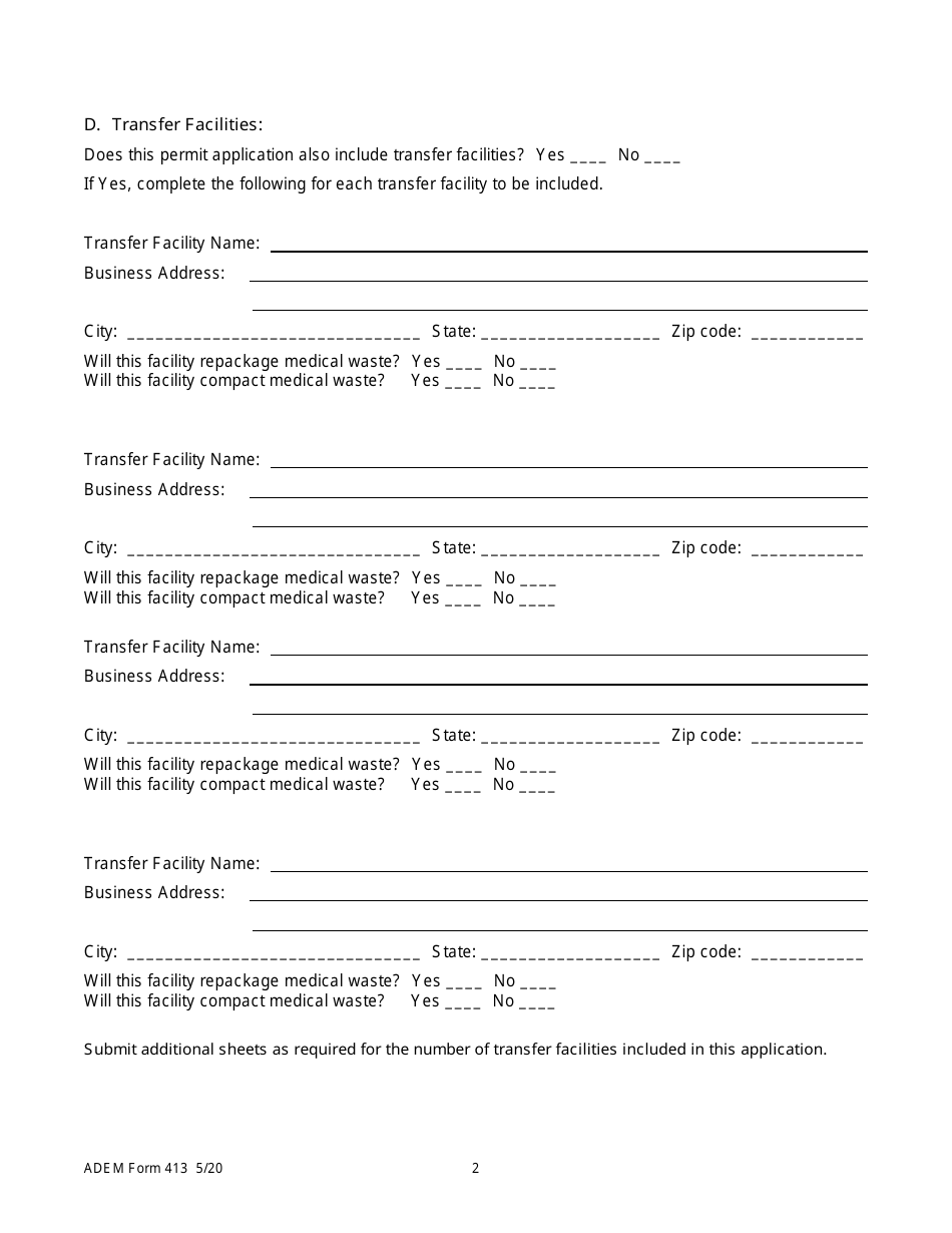 ADEM Form 413 Medical Waste Storage Facility Permit Application - Alabama, Page 2