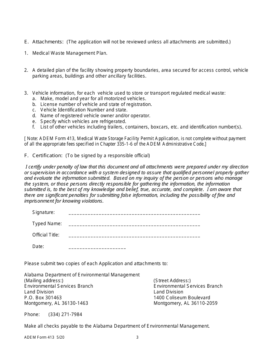 ADEM Form 413 Medical Waste Storage Facility Permit Application - Alabama, Page 3