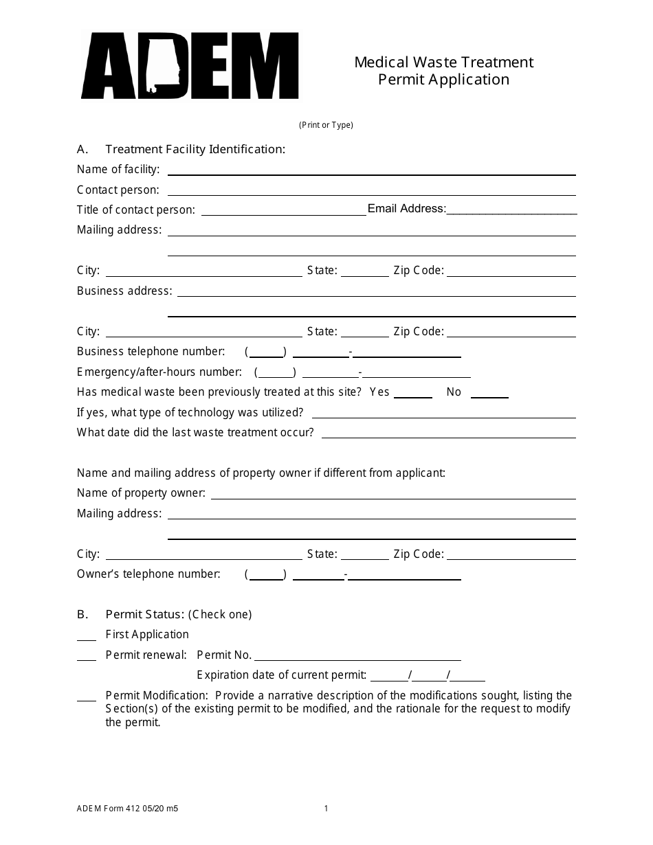 ADEM Form 412 Medical Waste Treatment Permit Application - Alabama, Page 1