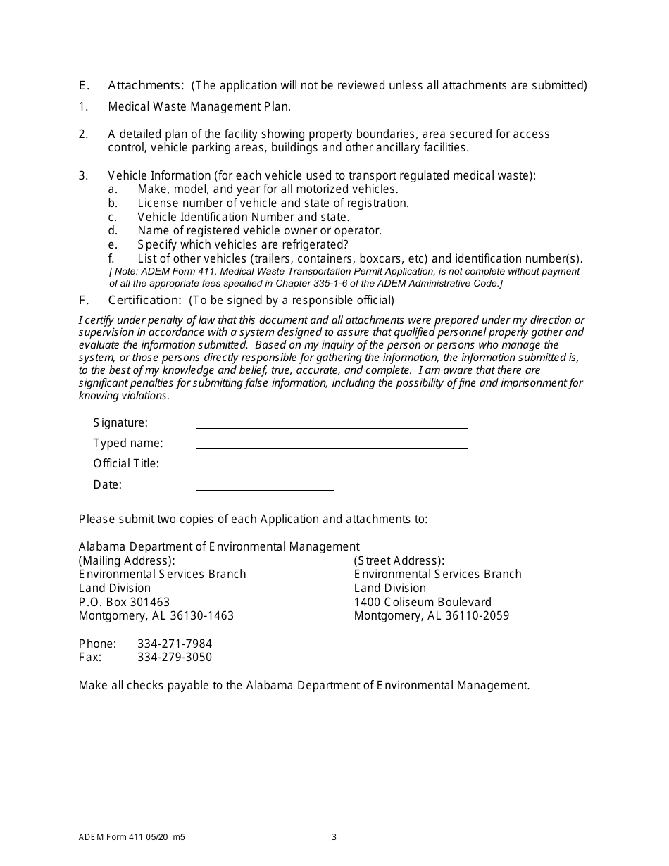 ADEM Form 411 Medical Waste Transportation Permit Application - Alabama, Page 3