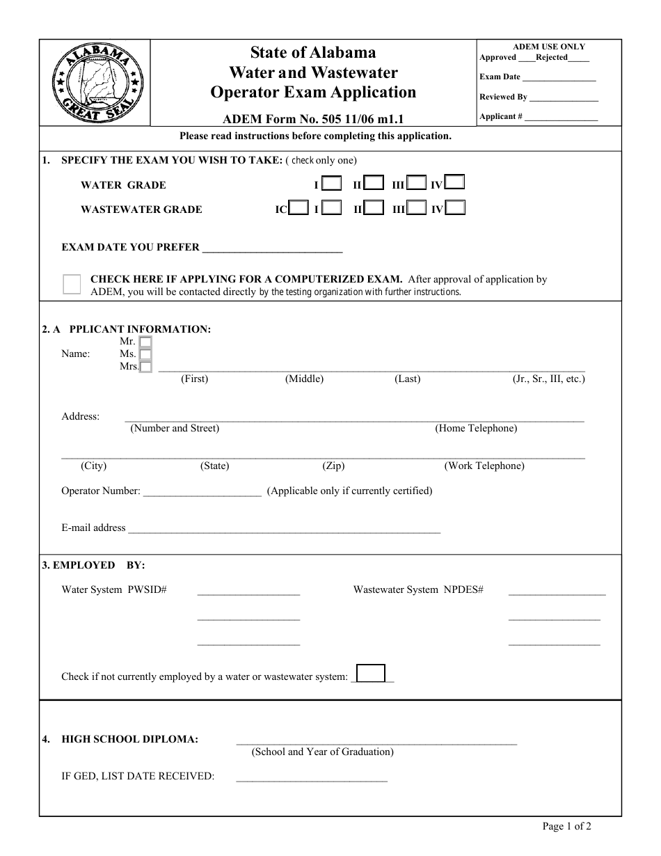 ADEM Form 505 Water and Wastewater Operator Exam Application - Alabama, Page 1
