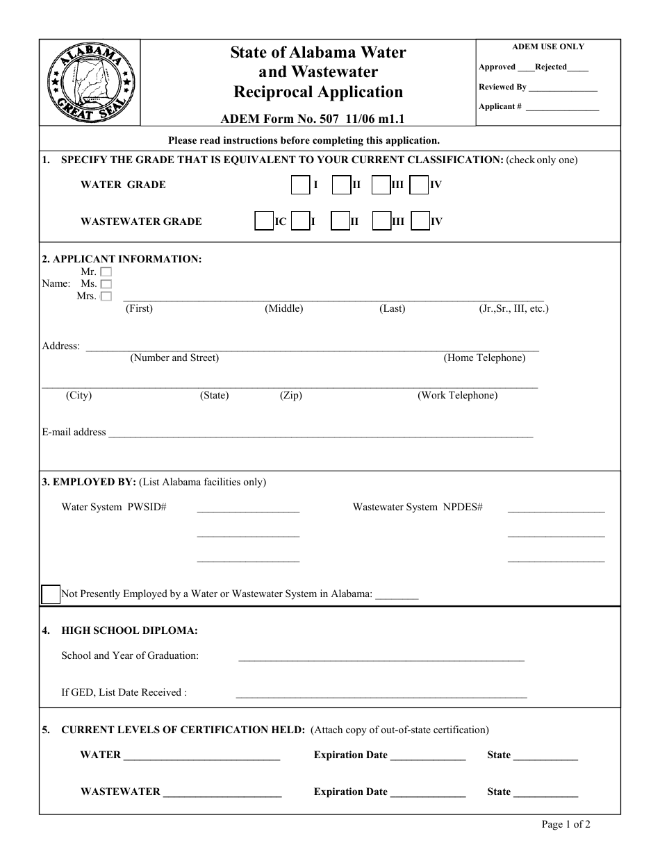 ADEM Form 507 Water and Wastewater Reciprocal Application - Alabama, Page 1