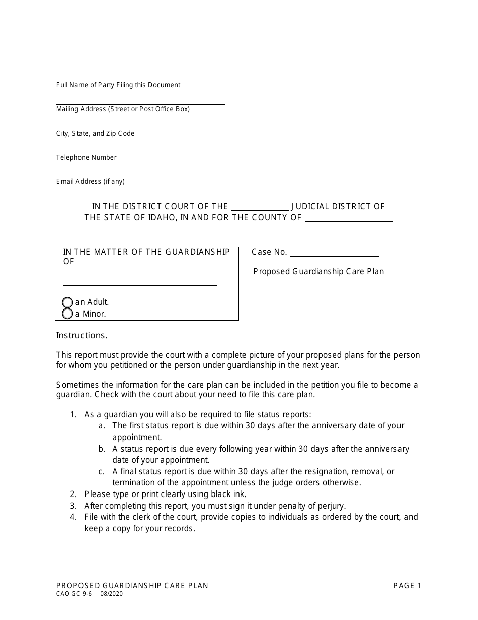 Form CAO GC9-6 Proposed Guardianship Care Plan - Idaho, Page 1