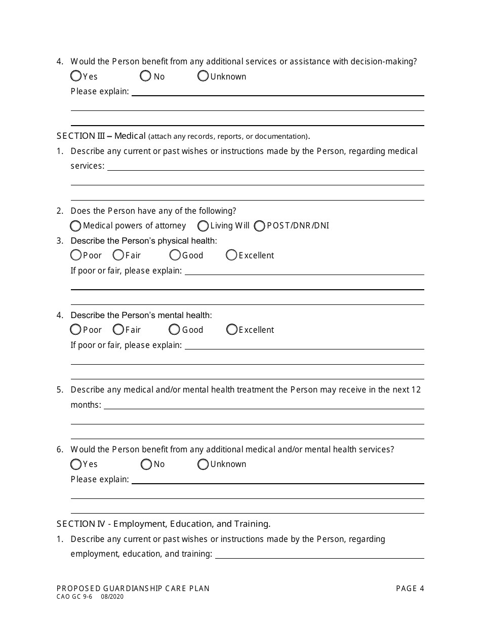 Form CAO GC9-6 Proposed Guardianship Care Plan - Idaho, Page 4