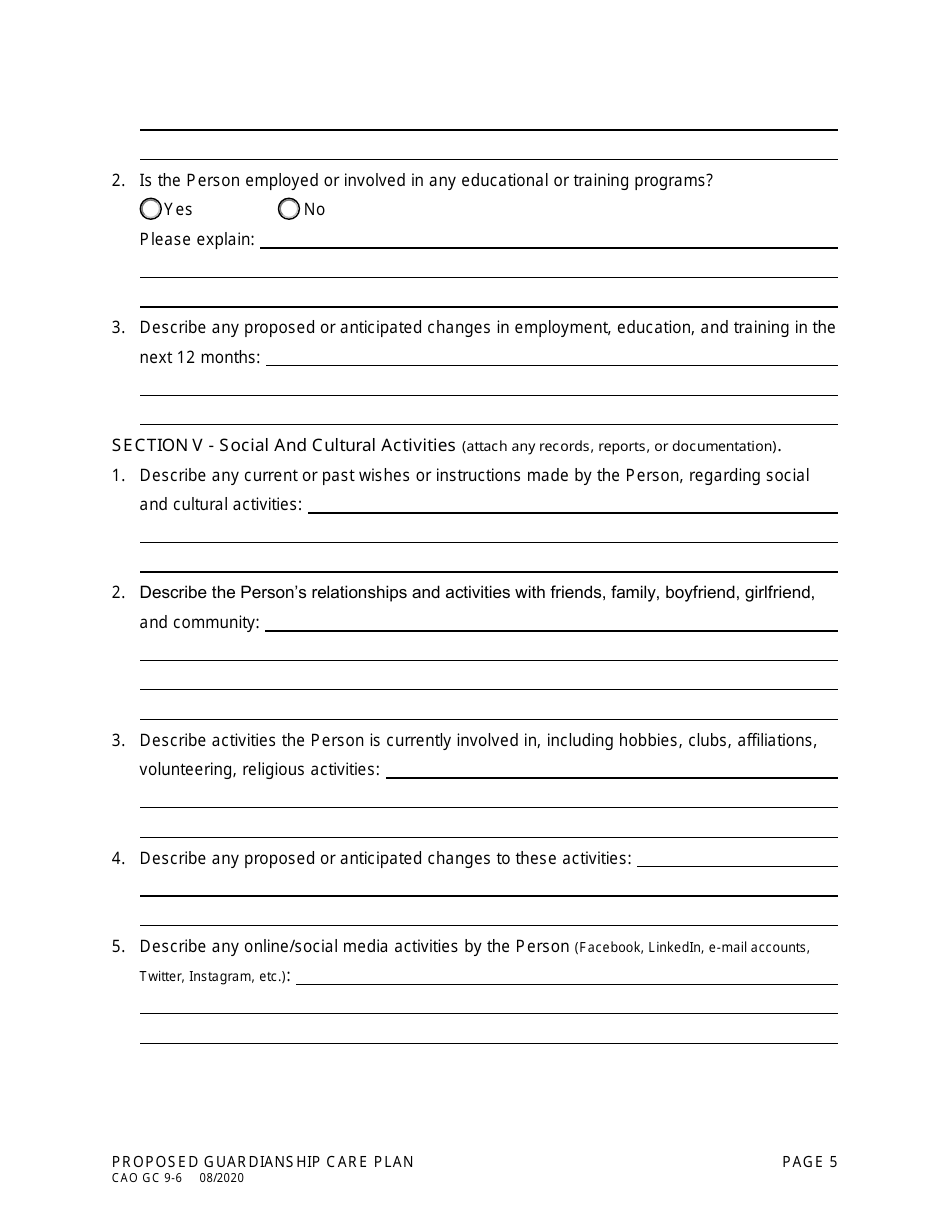 Form CAO GC9-6 Proposed Guardianship Care Plan - Idaho, Page 5