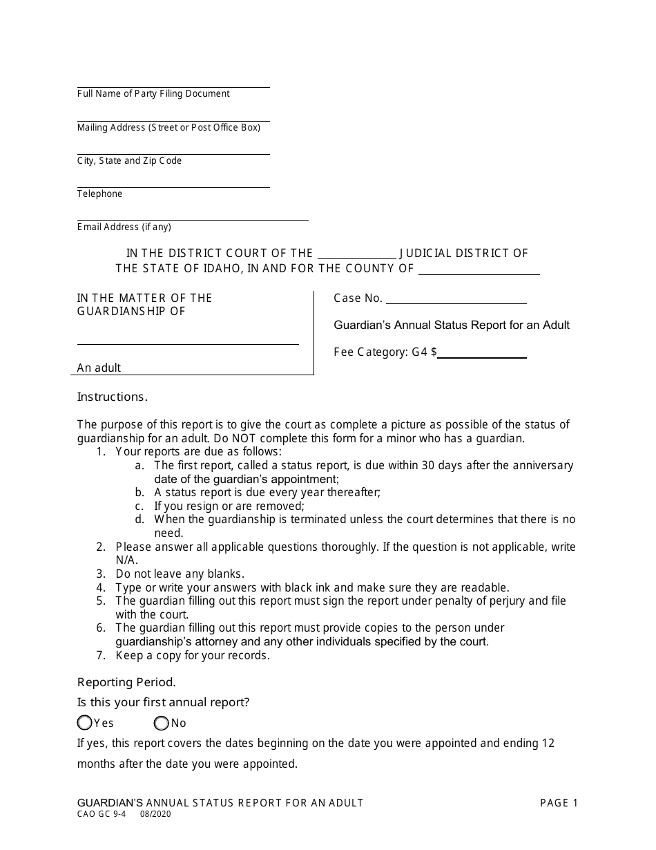 Form CAO GC9-4 Guardian's Annual Status Report for an Adult - Idaho, Page 1