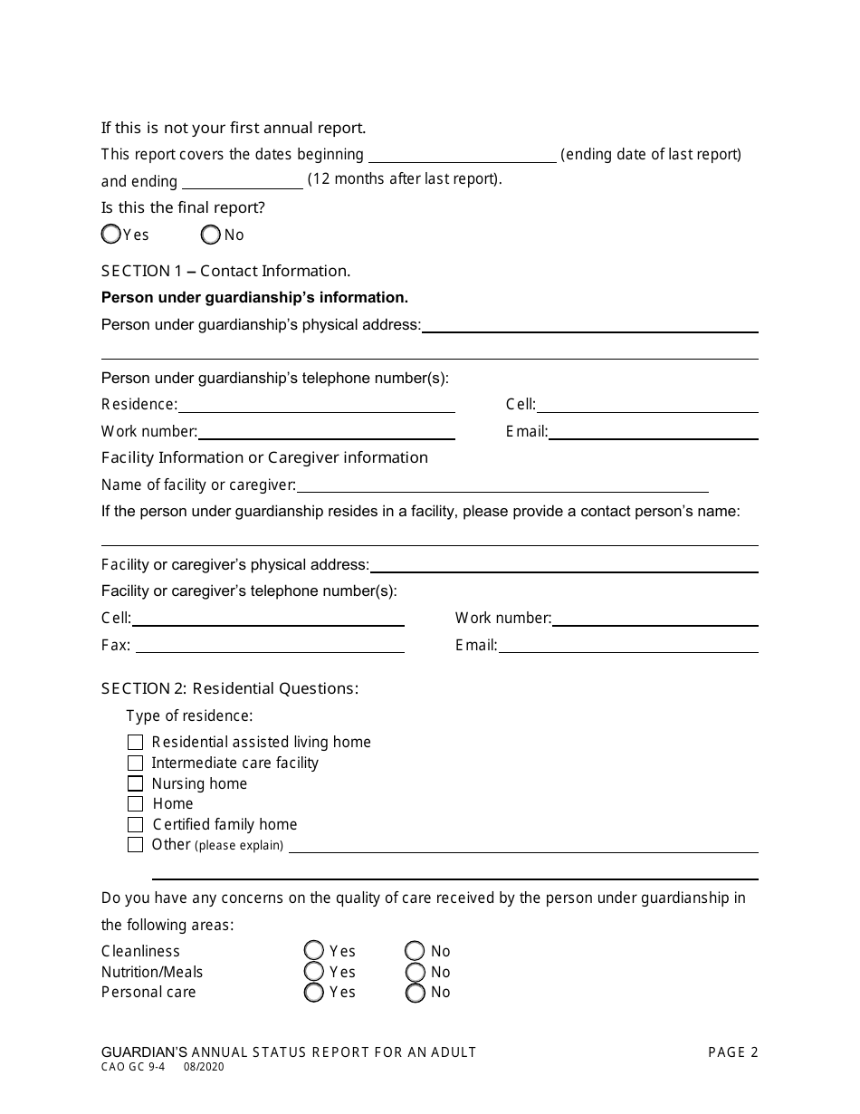 Form CAO GC9-4 Guardians Annual Status Report for an Adult - Idaho, Page 2
