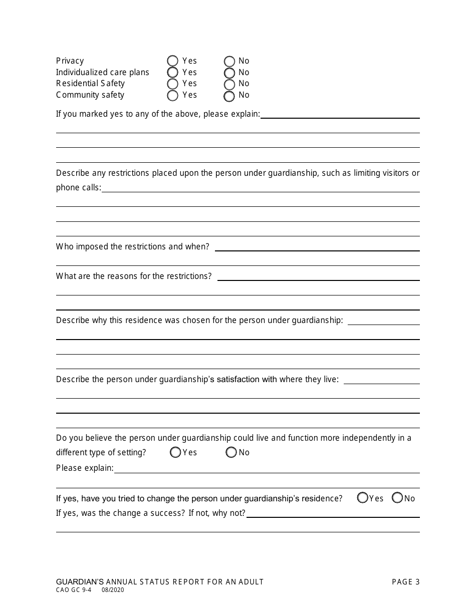 Form CAO GC9-4 Guardians Annual Status Report for an Adult - Idaho, Page 3