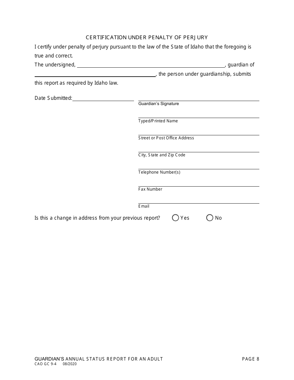 Form CAO GC9-4 Guardians Annual Status Report for an Adult - Idaho, Page 8