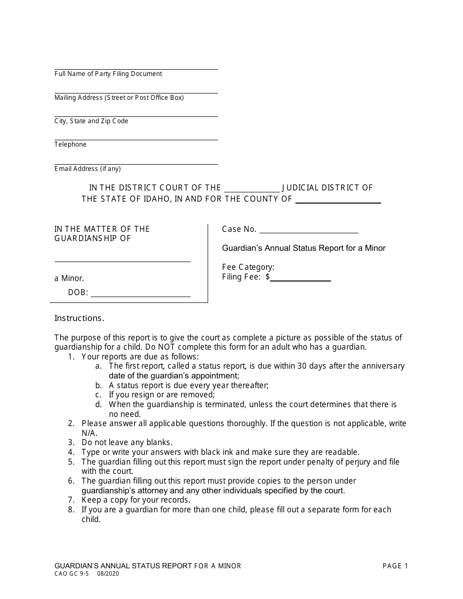 Form CAO GC9-5 Guardians Annual Status Report for a Minor - Idaho, Page 1