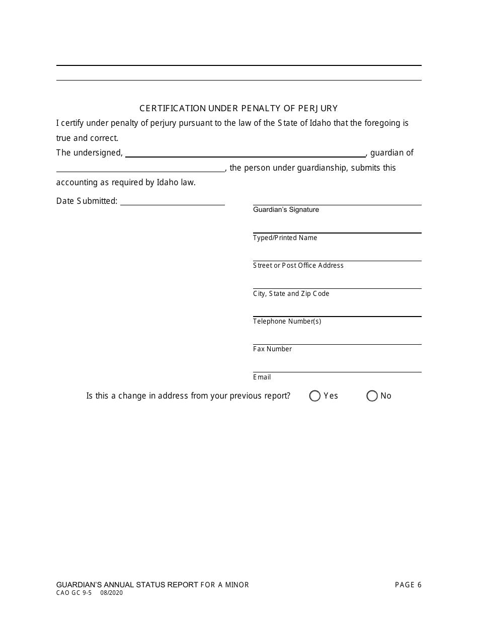Form CAO GC9-5 Guardians Annual Status Report for a Minor - Idaho, Page 6