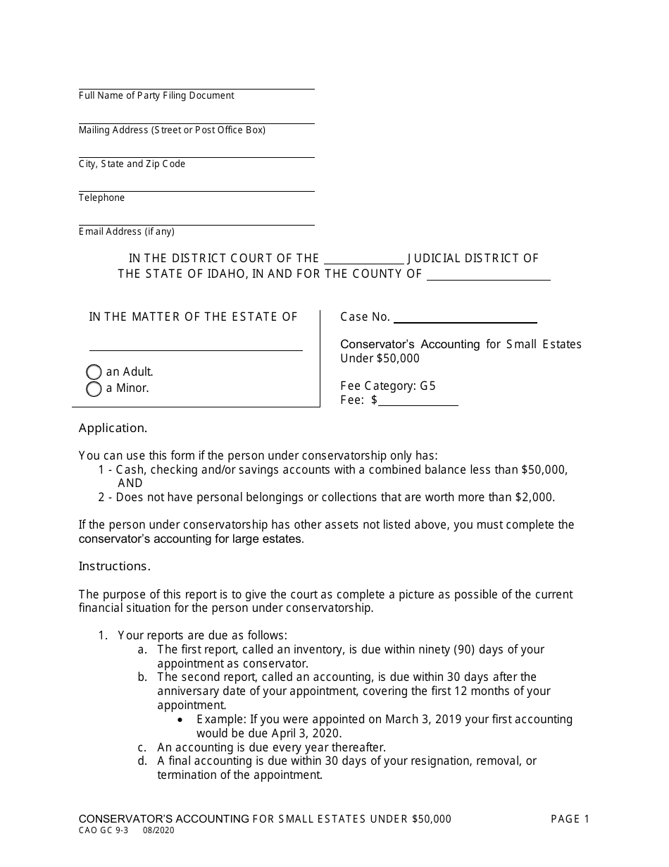 Form CAO GC9-3 Conservator's Accounting for Small Estates Under $50,000 - Idaho, Page 1
