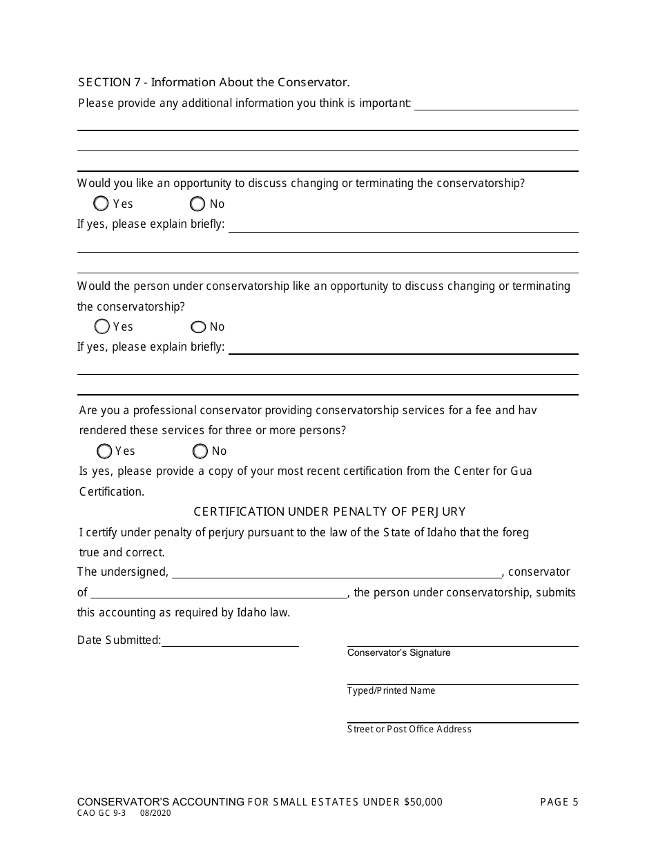 Form CAO GC9-3 Conservators Accounting for Small Estates Under $50,000 - Idaho, Page 5