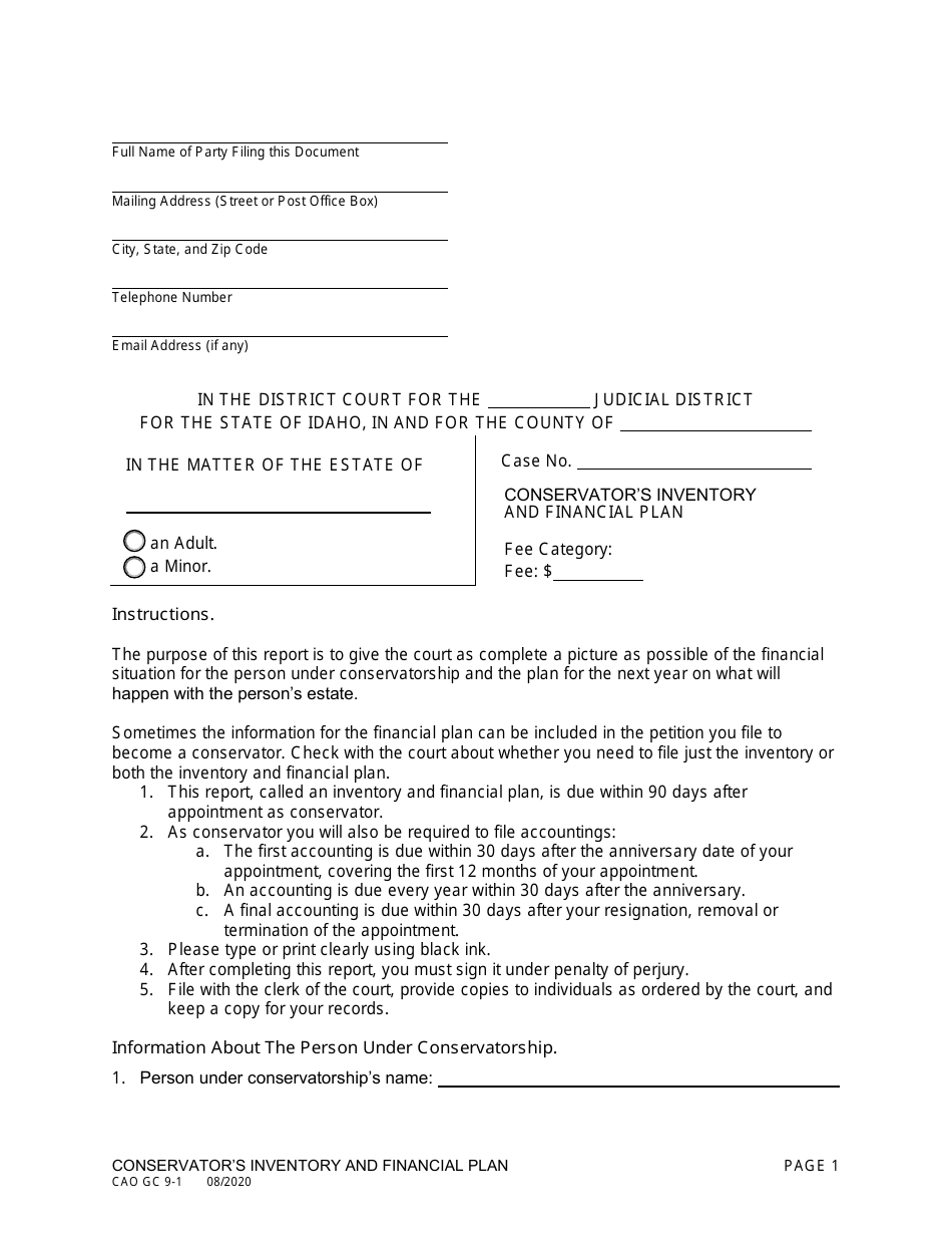 Form CAO GC9-1 Conservators Inventory and Financial Plan - Idaho, Page 1